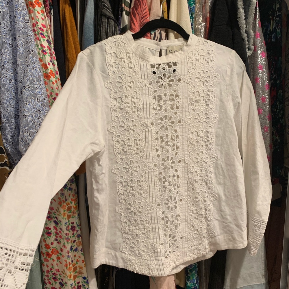 SEA NY white cotton/ linen embroidered top